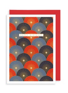 Поздравителна картичка за рожден ден - Сини и червени ветрила в златно